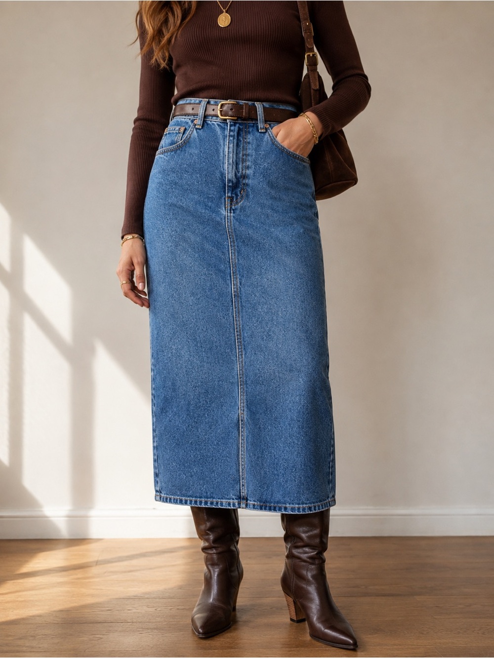 Vintage Calvin Klein Denim Midi Skirt Size 4 High Waist Made USA 90s 26 in waist